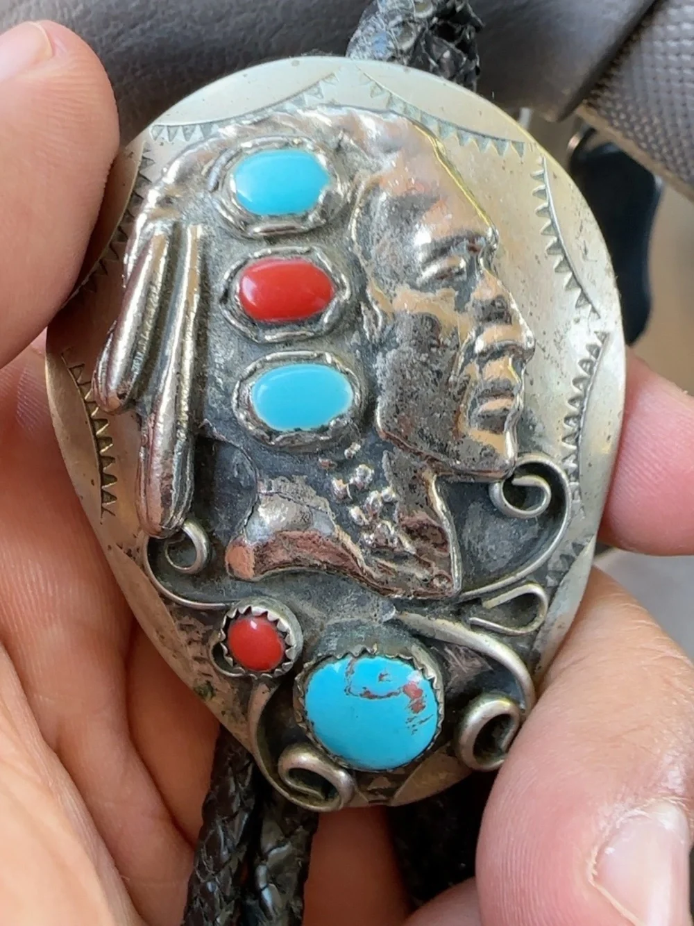 Vintage Oversized Native American Silver Turquoise & Coral Bolo Tie